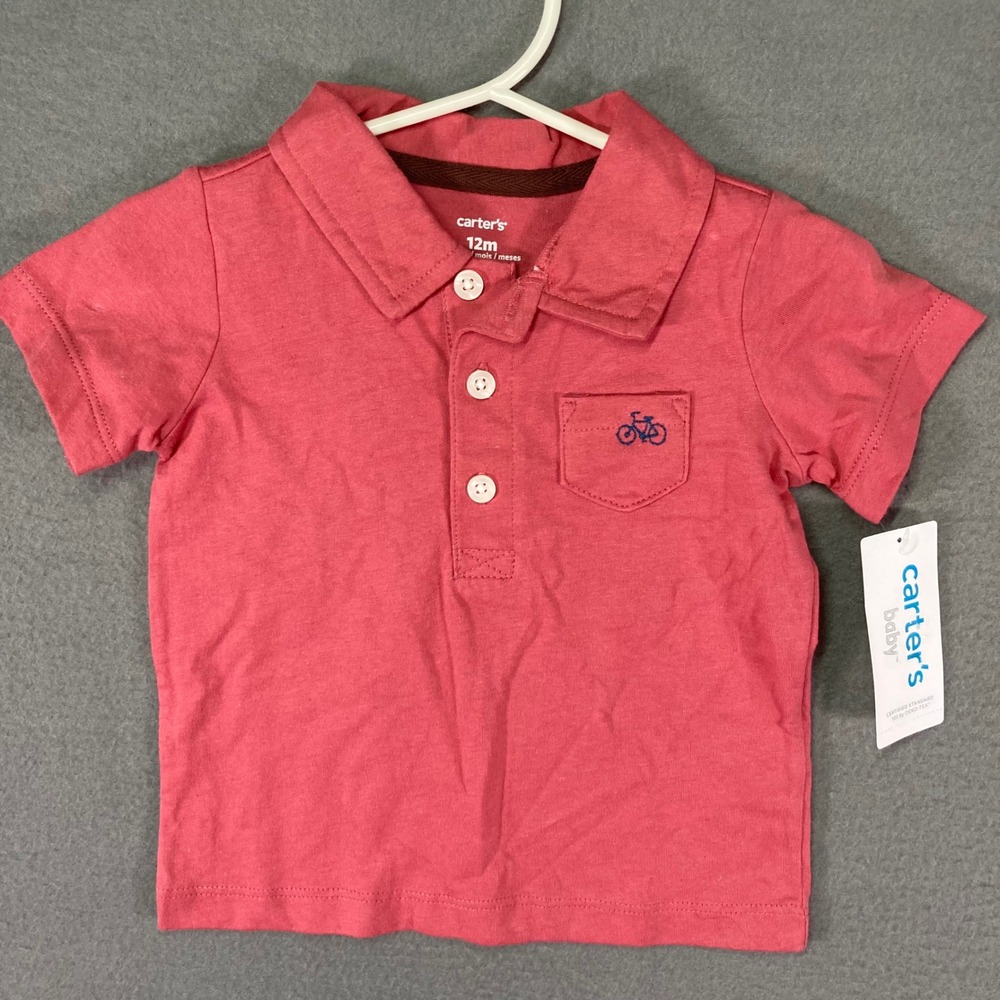 Carter's Baby‎ Boys 12M Coral Pink Polo Shirt Bicycle Embroidered Pocket
